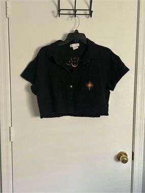 Black Cropped Button-Up Shirt with Orange Starburst Embroidery, evil eye